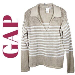 NWT GAP 100% Cotton Coastal Fisherman Tan White Striped V-Neck Sweater, Medium
